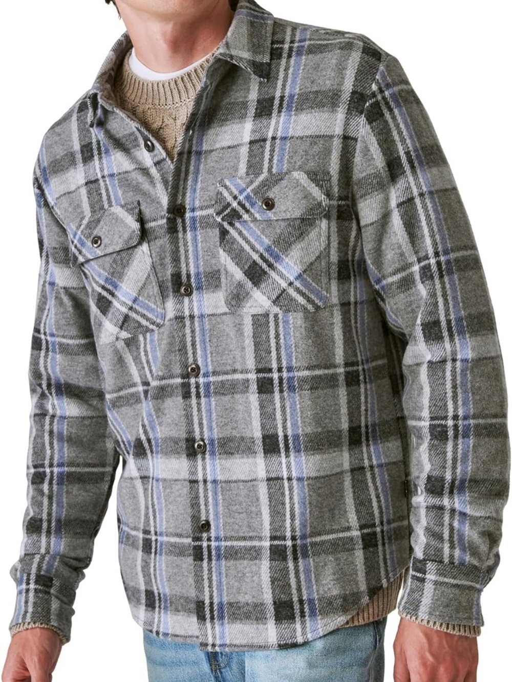 Lucky Brand Gray Plaid Shirt Jacket with Blue Stripes